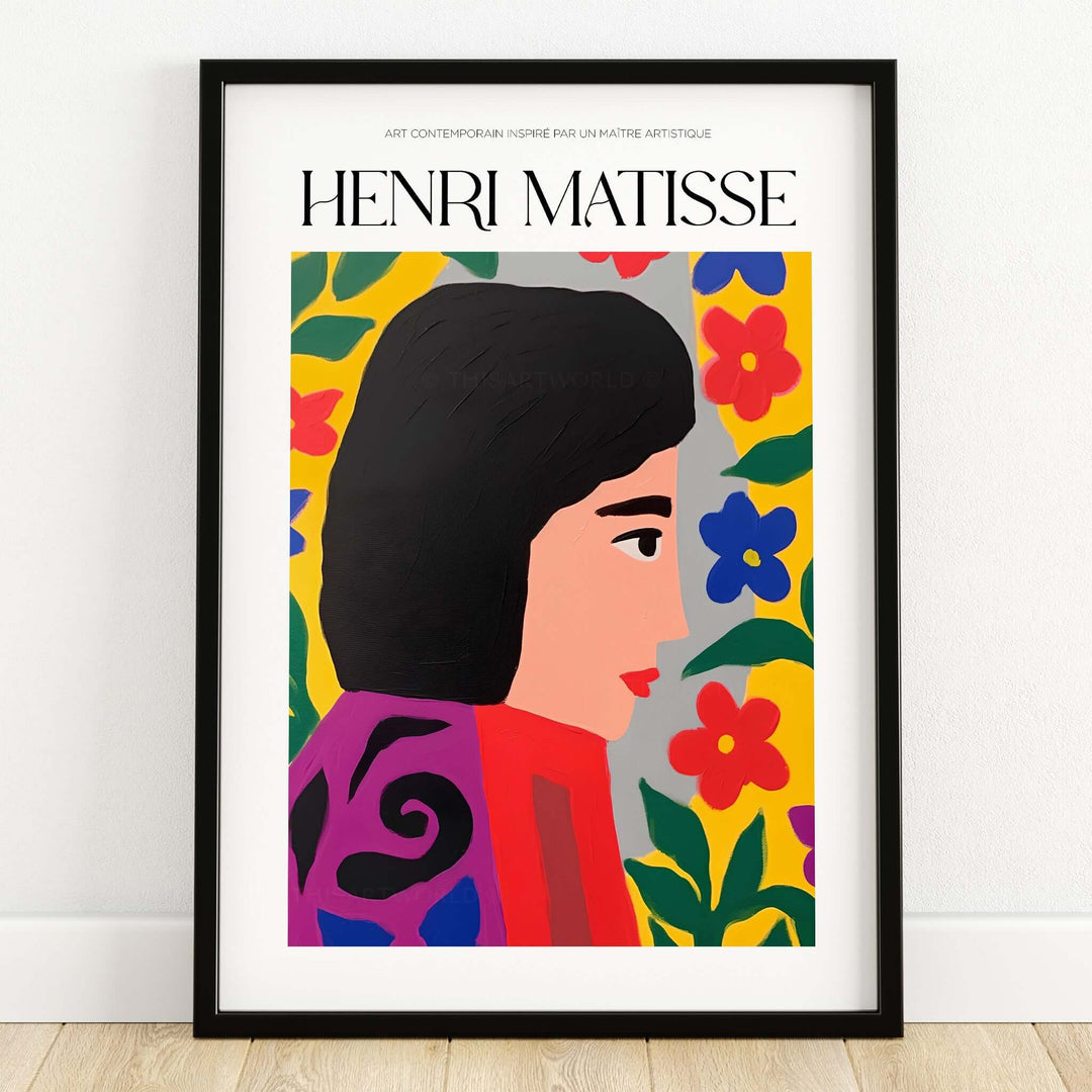 Matisse Art Prints - Floral Woman, vibrant art print of a woman with bold black hair against colorful floral background.