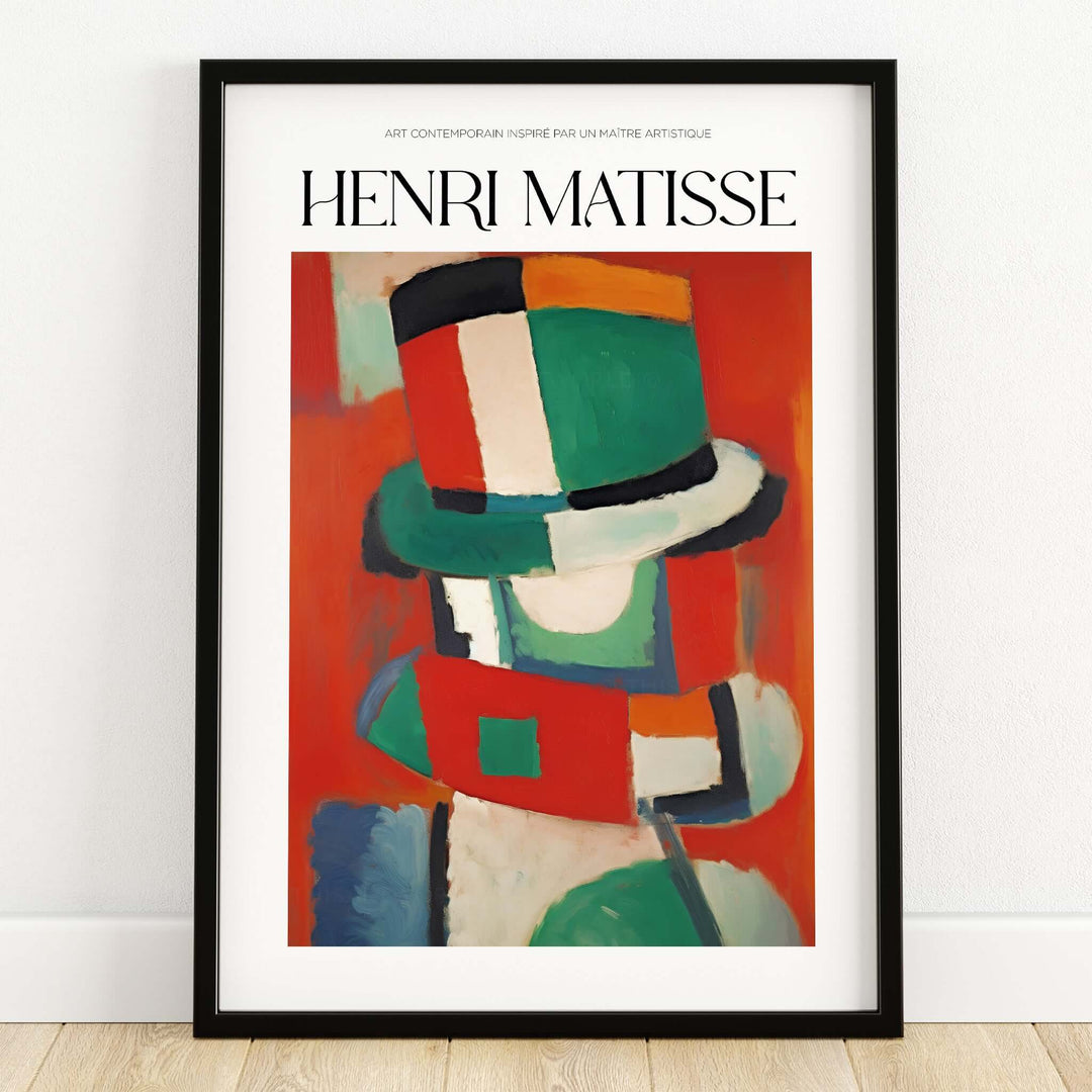 Matisse Art Prints - Abstract Figure with Hat Poster featuring bold colors and geometric shapes on a vibrant red background.