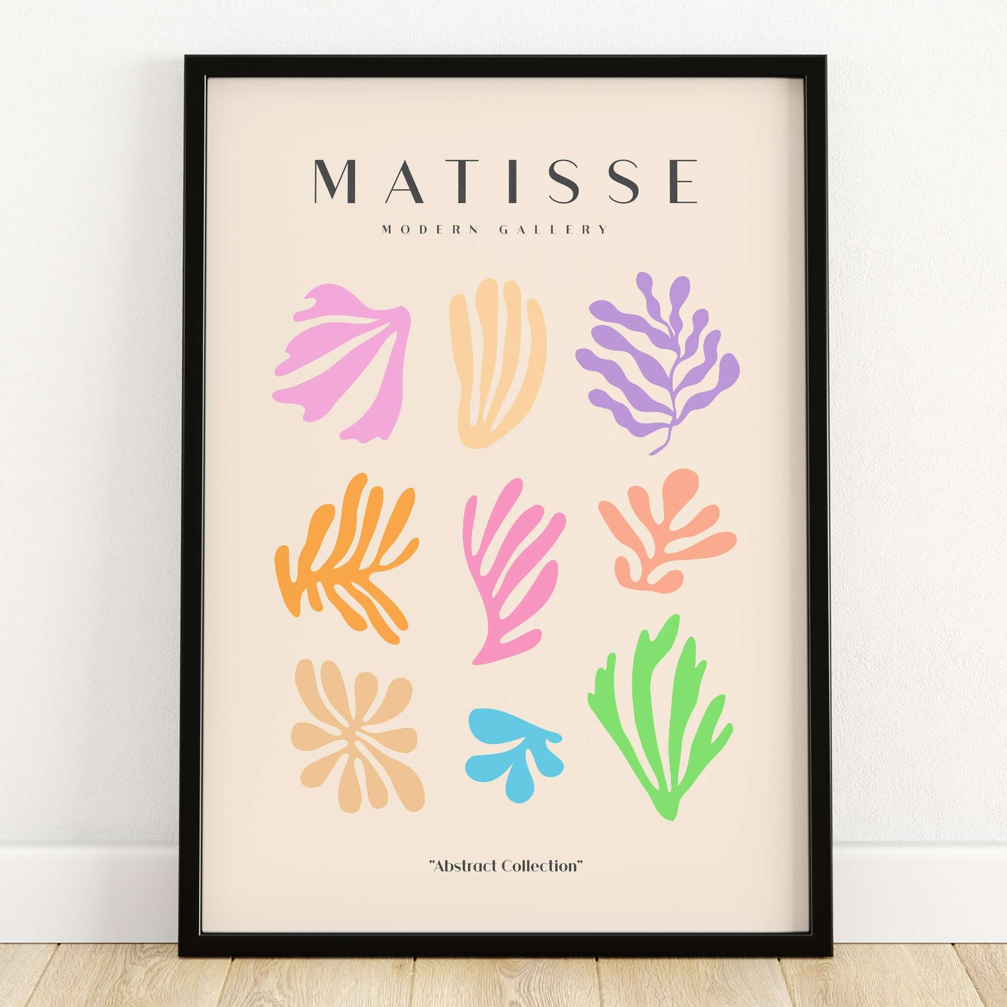 Matisse Art Prints - Abstract Botanical Shapes Grid Poster featuring colorful botanical shapes on a beige background.