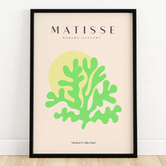 Matisse Art Prints - Lime Green Coral Abstract Sun Print displayed in a modern frame, featuring vibrant lime coral design.