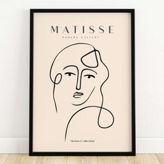 Matisse Art Prints - Continuous Line Abstract Face Poster featuring minimalist line art on a beige background.