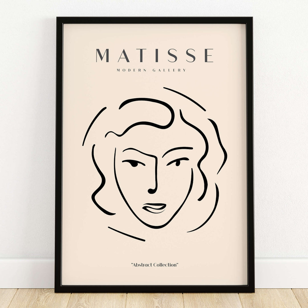 Matisse Art Prints - Abstract Line Face Drawing minimalistic poster featuring a black line drawing of a woman's face.