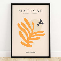 Matisse Art Prints - Orange Leaf Bird Silhouette Poster featuring bold orange leaf and black bird silhouette.