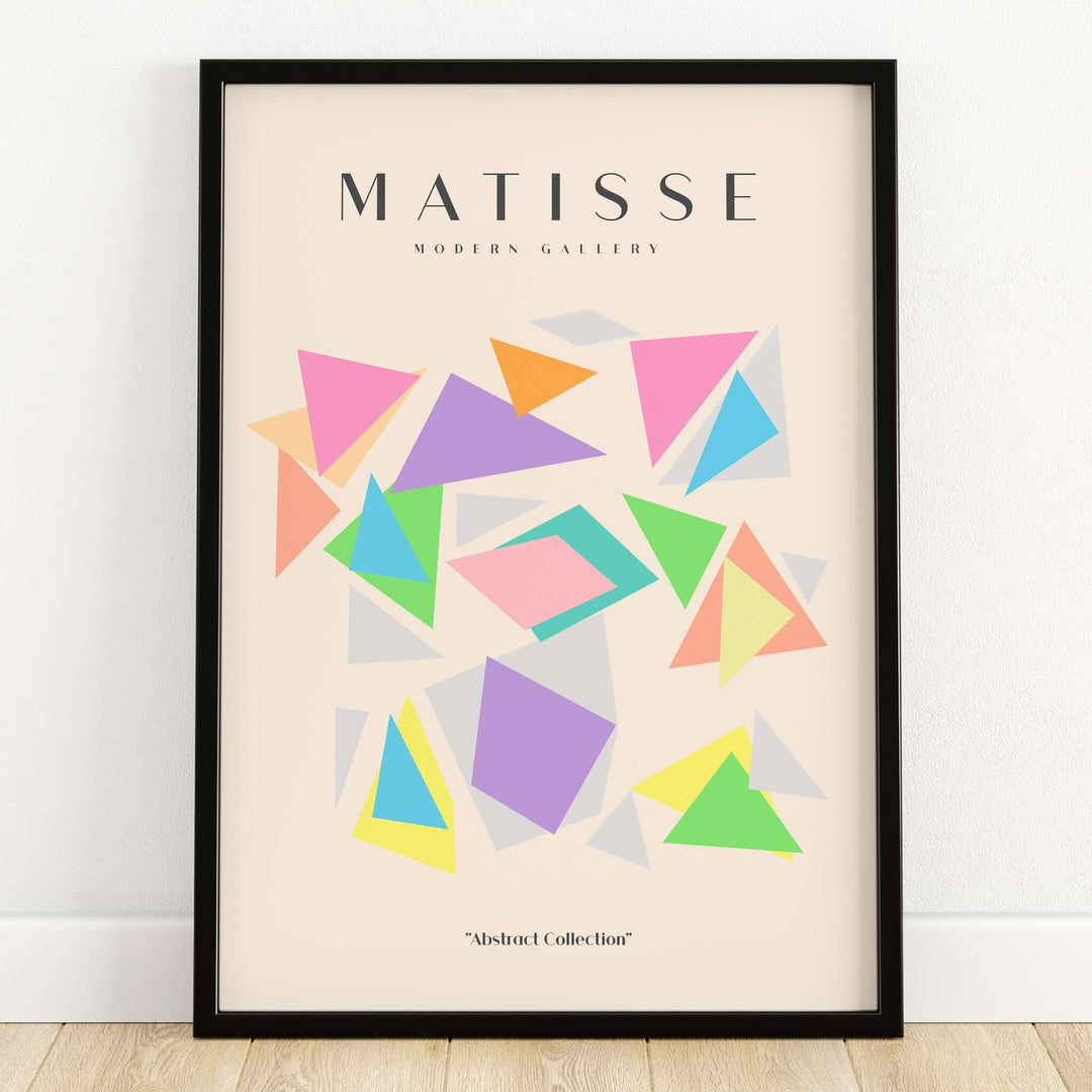 Matisse Art Prints - Colorful Geometric Triangles Poster featuring vibrant overlapping triangles on beige backdrop.