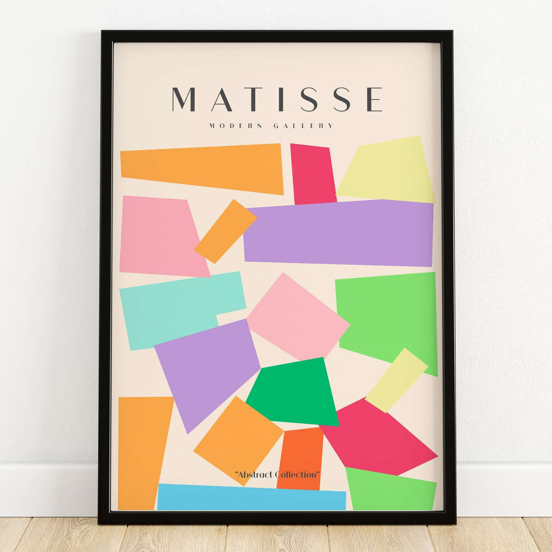 Matisse Art Prints - Colorful Geometric Shapes Abstract Print displayed in a frame with vibrant colors and geometric shapes.