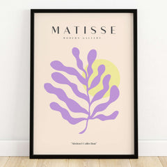 Matisse Art Prints - Purple Botanical Abstract Poster featuring vibrant purple botanical shape and soft yellow circle.