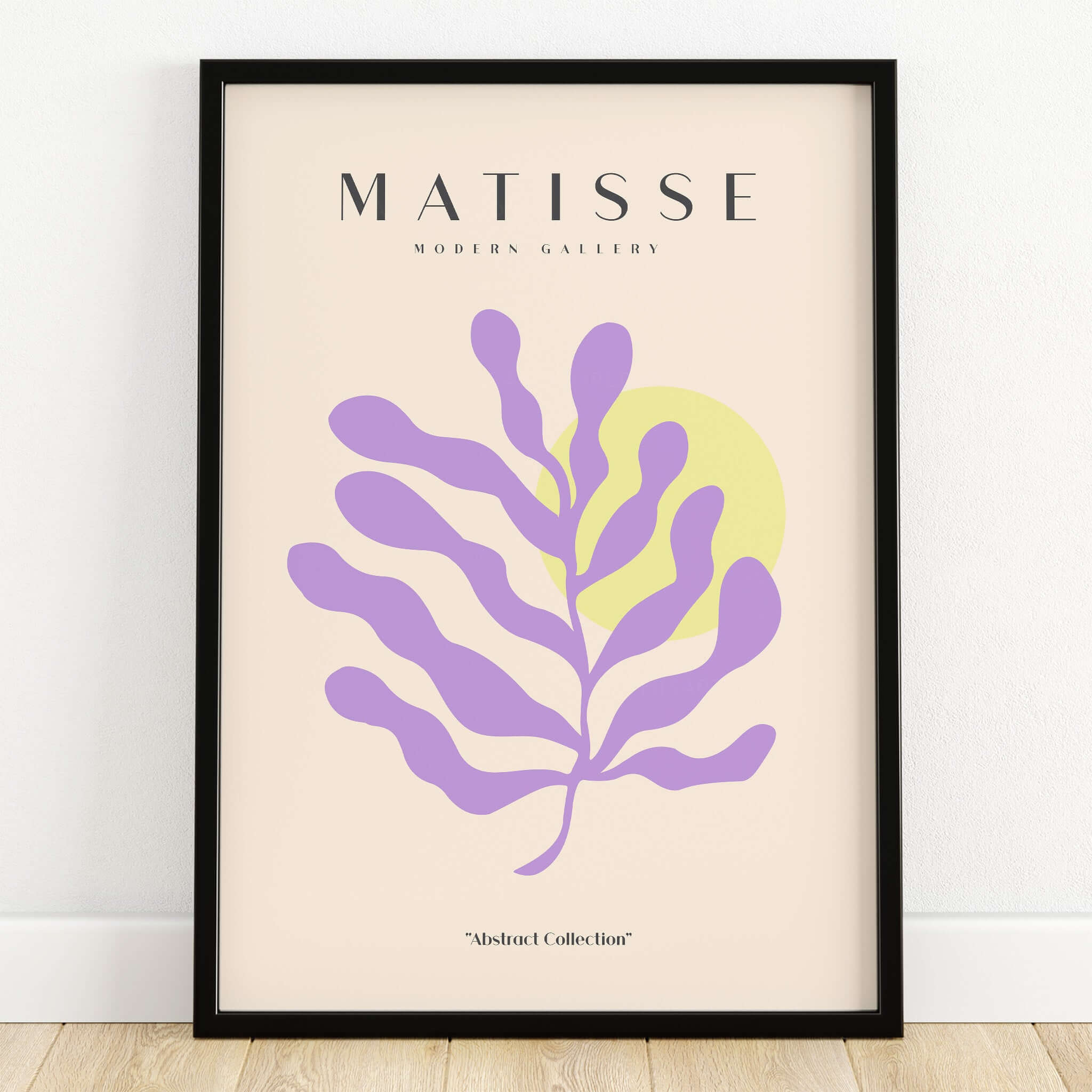 Matisse Art Prints - Purple Botanical Abstract Poster featuring vibrant purple botanical shape and soft yellow circle.