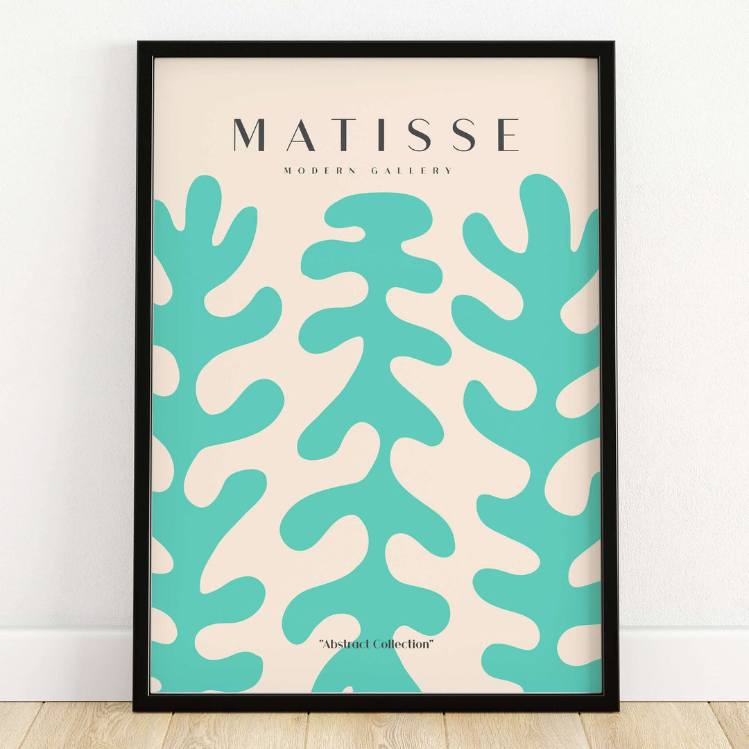 Matisse Art Prints - Teal Coral Pattern Abstract Wall Art featuring abstract shapes in teal on beige background.