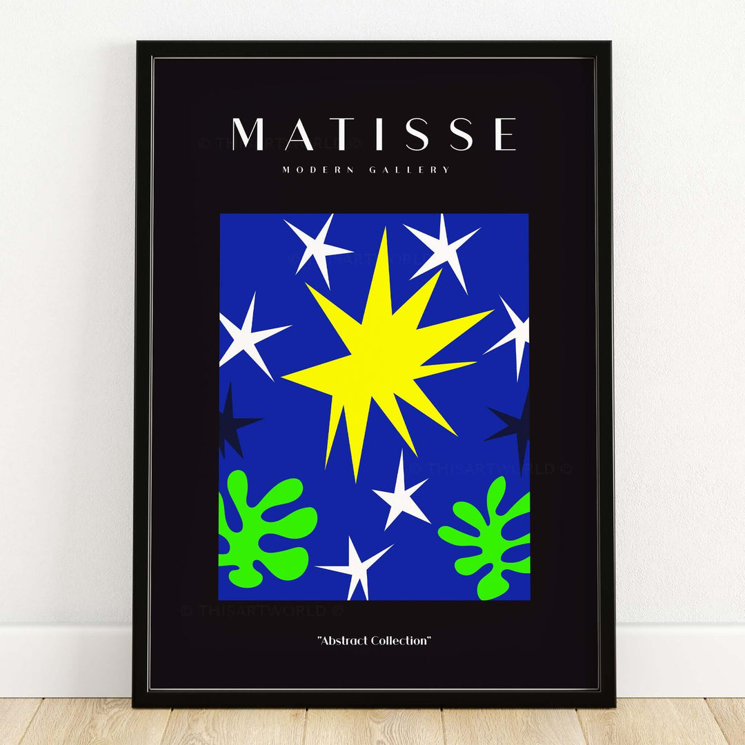 Matisse Art Prints - Stars Leaves Night Sky Abstract Print featuring vibrant stars and leaves in blue and yellow.