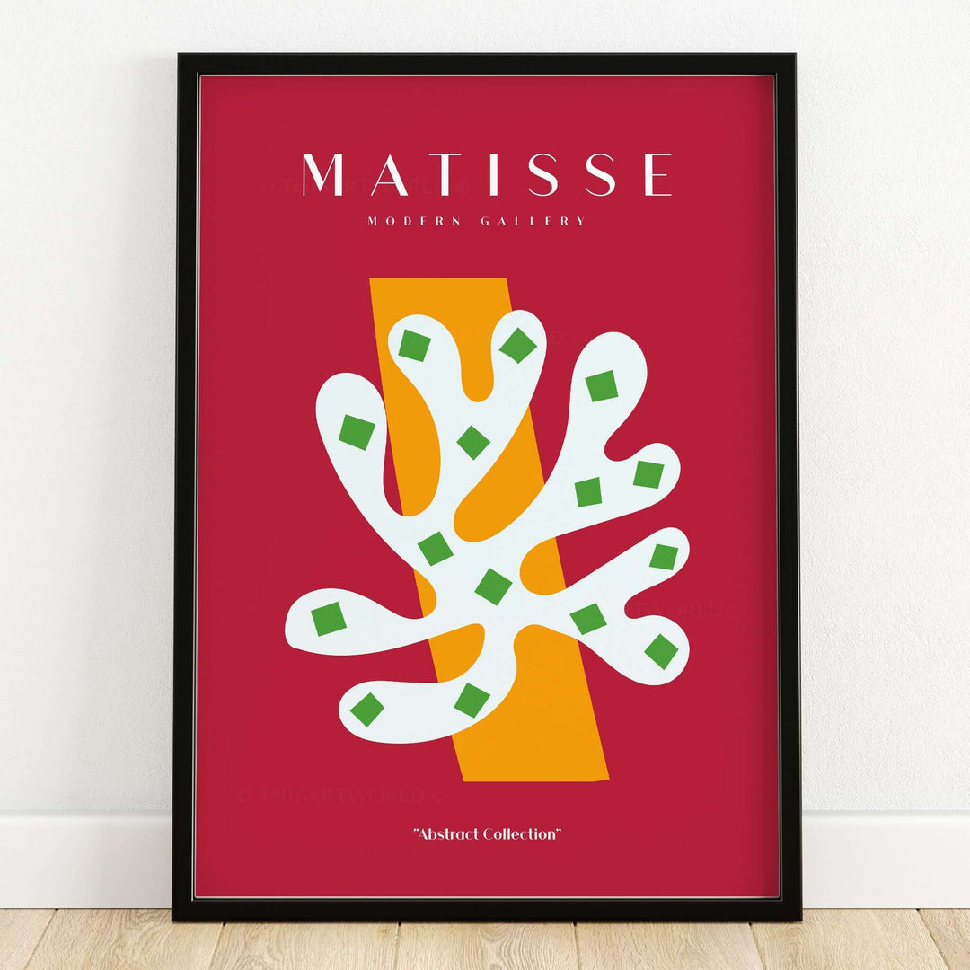 Matisse Art Prints - White Coral Abstract Green Diamonds Print displayed in a frame with red background and bold design.