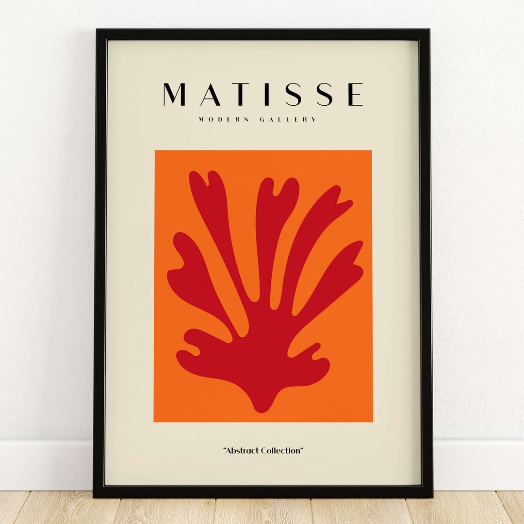 Matisse Art Prints - Red Leaf Abstract Orange Square Poster framed artwork showcasing bold red leaf design.