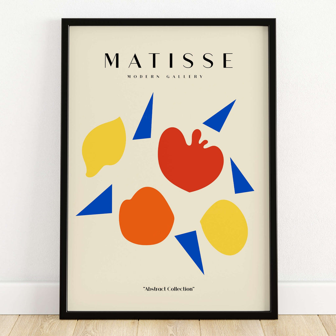 Matisse Art Prints - Abstract Fruit Shapes Blue Triangles Poster featuring colorful shapes and blue triangles.