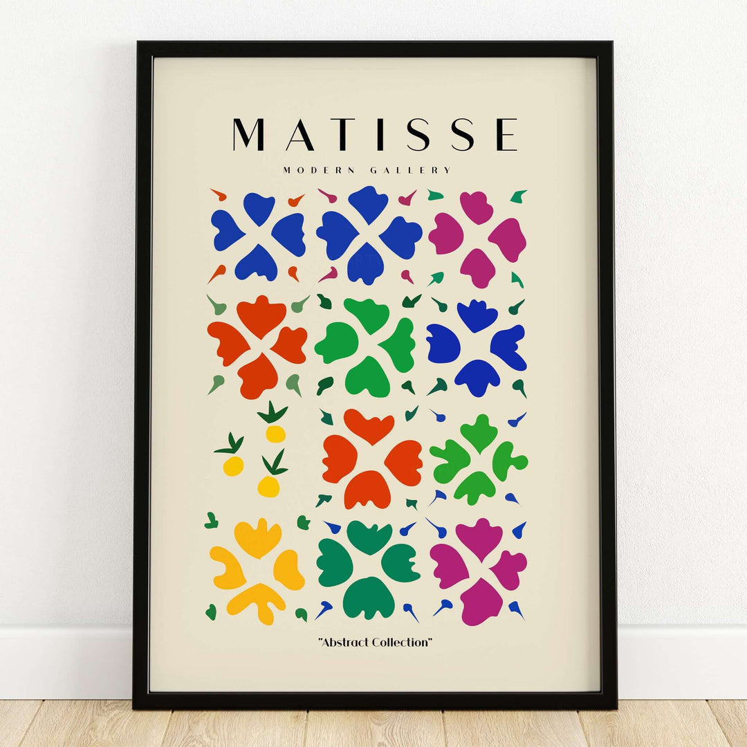Matisse Art Prints - Abstract Floral Grid Poster featuring colorful abstract flowers in a patterned grid design.