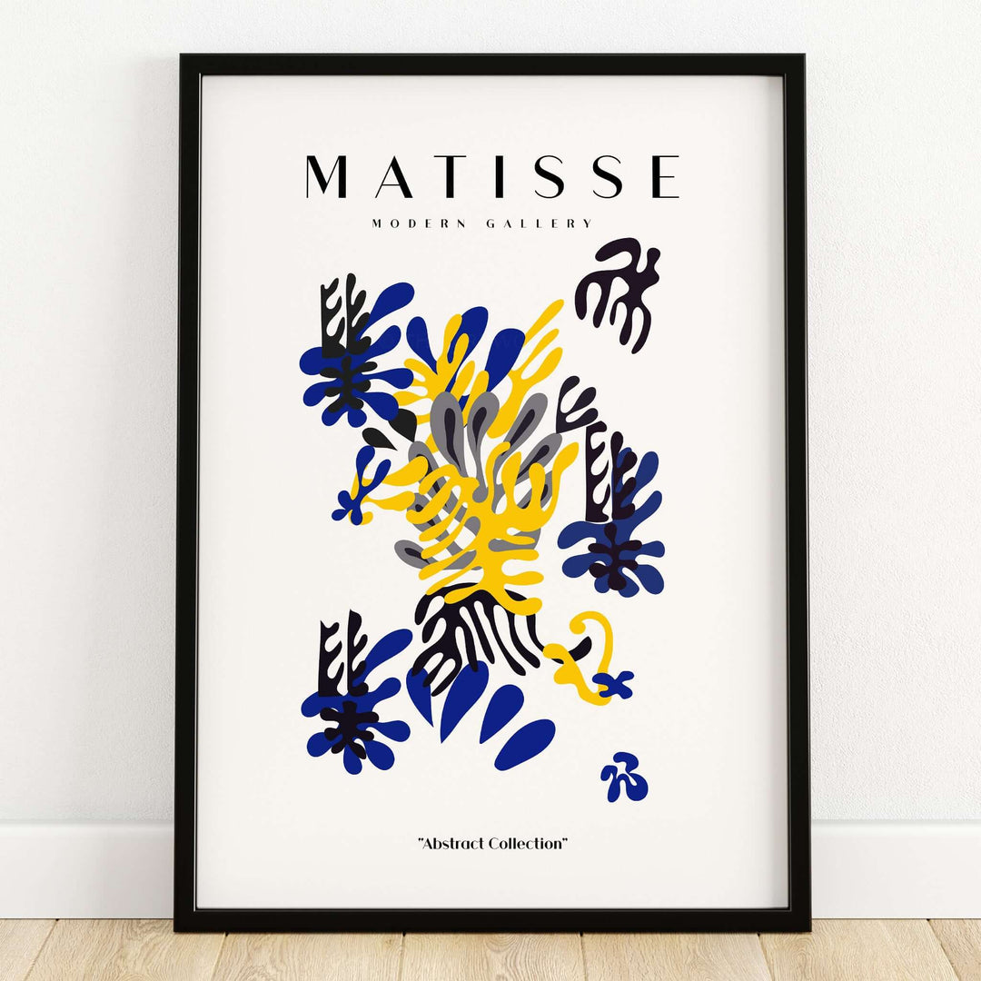 Matisse Art Prints -  Abstract Floral Blue Yellow Black Poster featuring bold floral shapes in blue, yellow, and black.