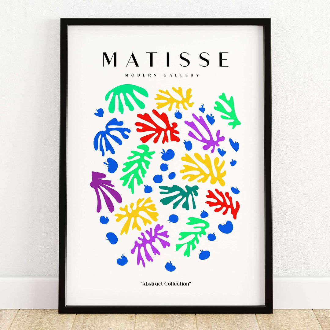 Matisse Art Prints - Colourful Scattered Abstract Leaves Dots Poster featuring vibrant leaf shapes and dots on a white background.