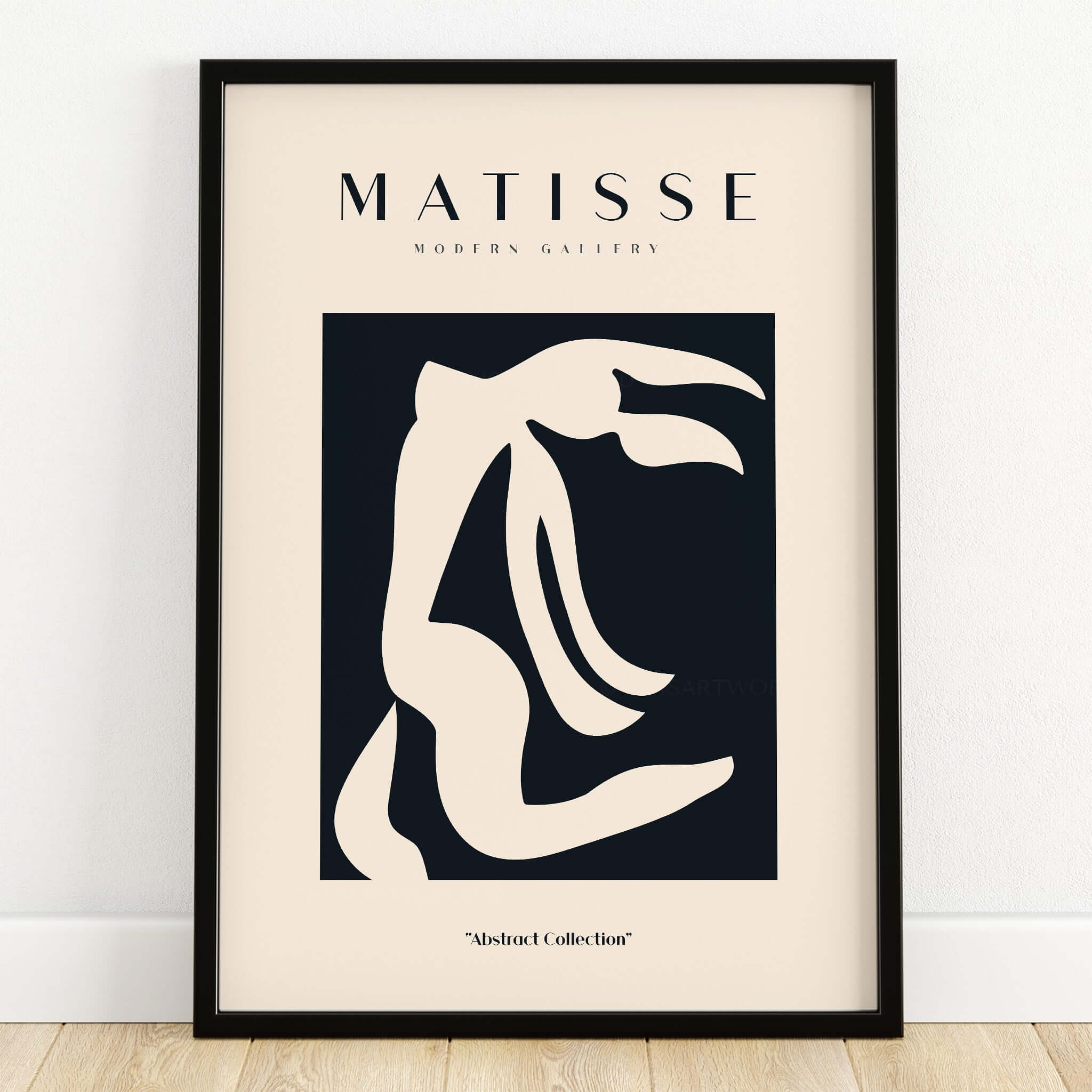Matisse Art Prints - Abstract Organic Figure Cut Out Print featuring bold black shapes on a beige background in a gallery frame.