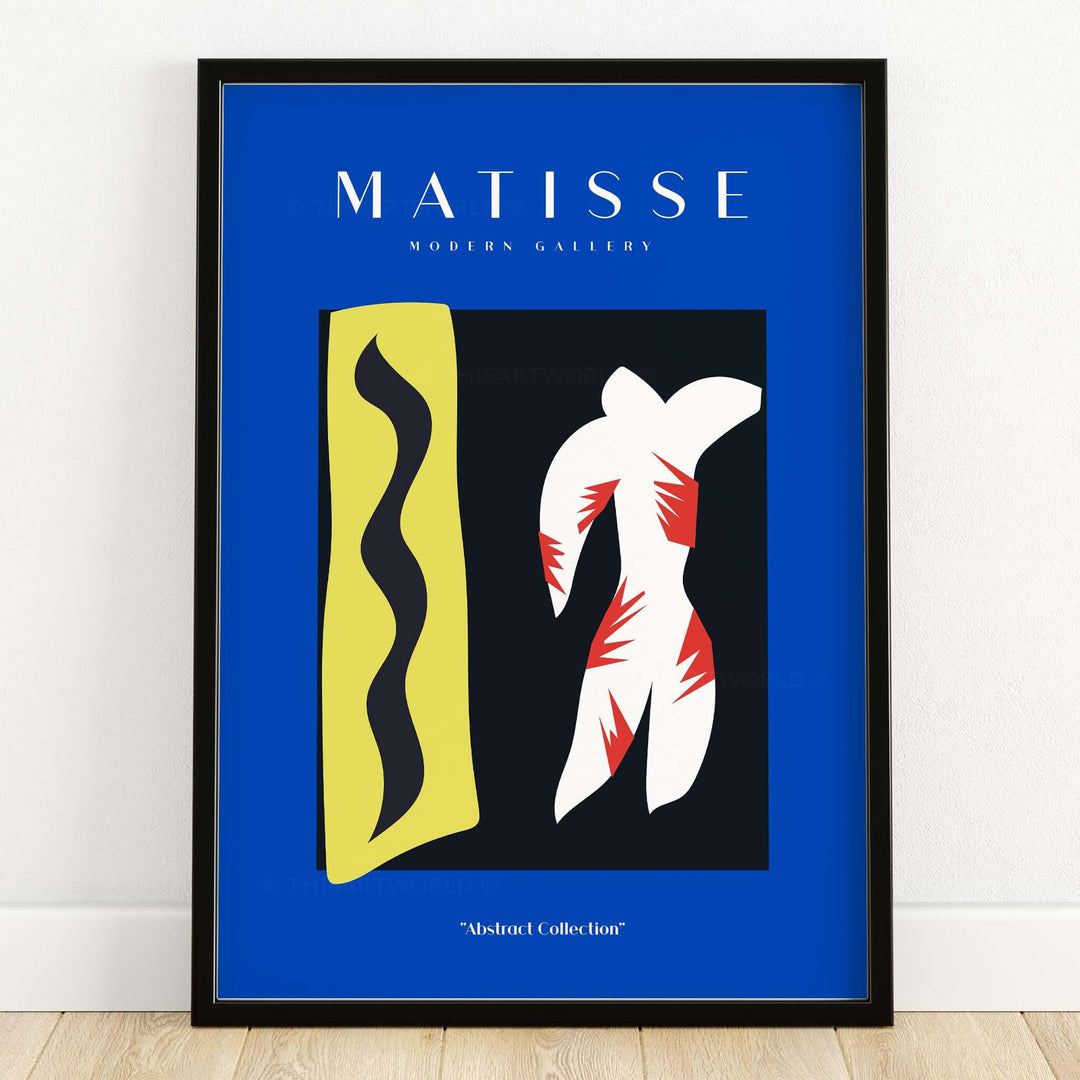 Matisse Art Prints - Icarus Jazz Abstract Art Print Blue featuring bold colors and dynamic shapes on a blue background.