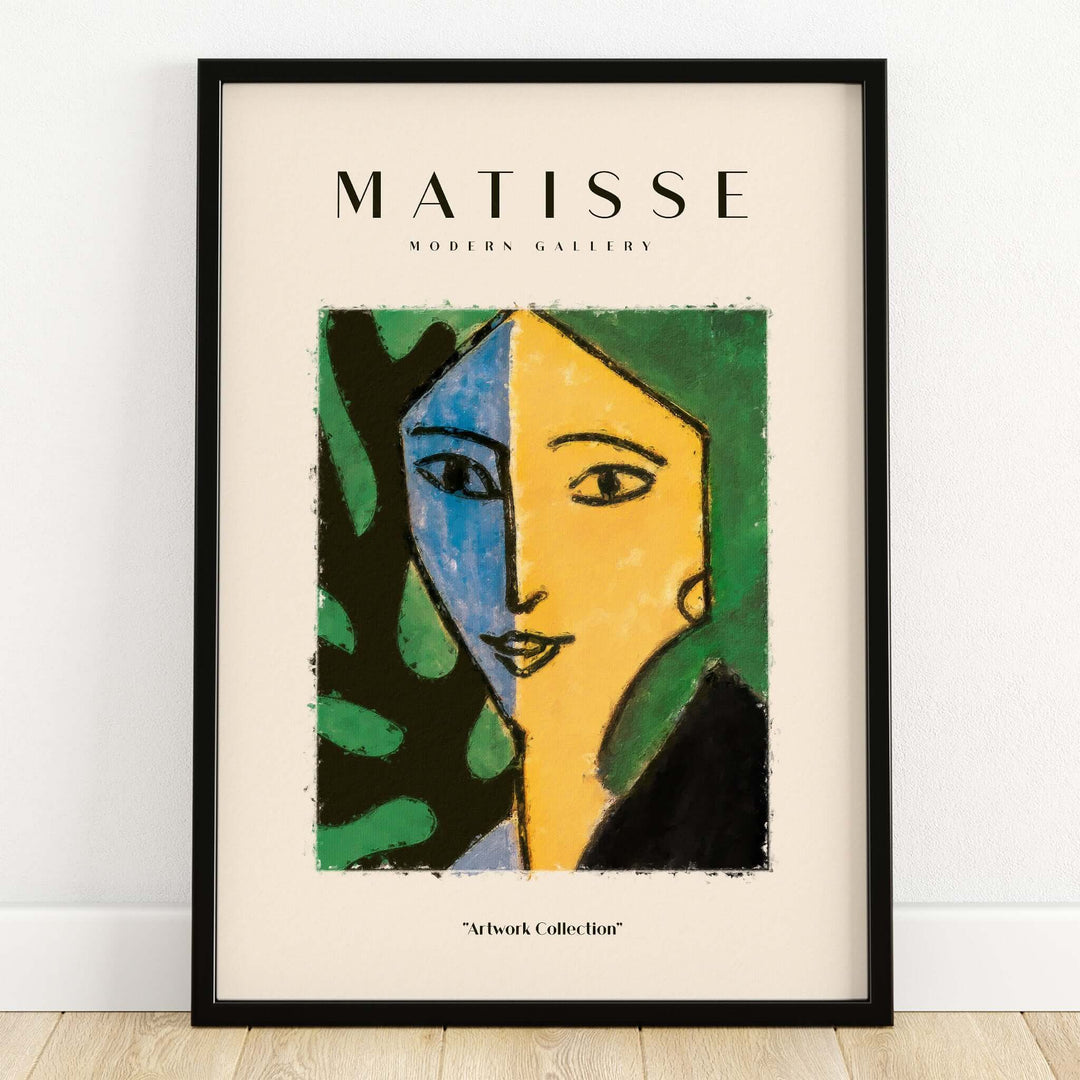 Matisse Art Prints - Split Face Blue Yellow Portrait Poster in a modern gallery frame with textured background.
