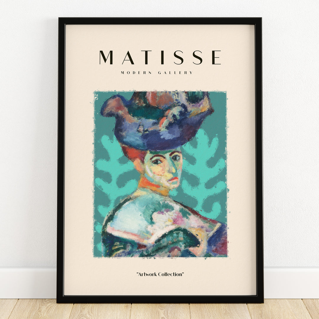 Matisse Art Prints - Woman Large Hat Portrait Teal Background Poster displayed in a modern gallery frame.