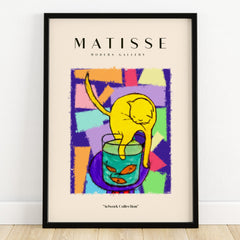 Matisse Art Prints - Yellow Cat with Fishbowl Geometric Poster featuring a stylized cat and vibrant geometric background.