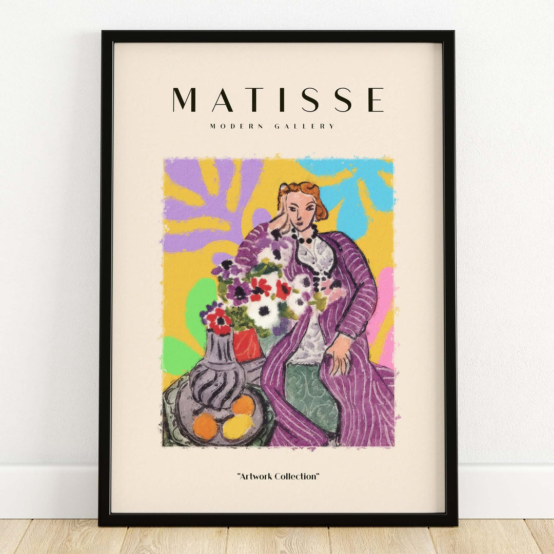 Matisse Art Prints - Stylized Woman with Flowers Fruit Still Life Interior Poster featuring a colorful woman with flowers.