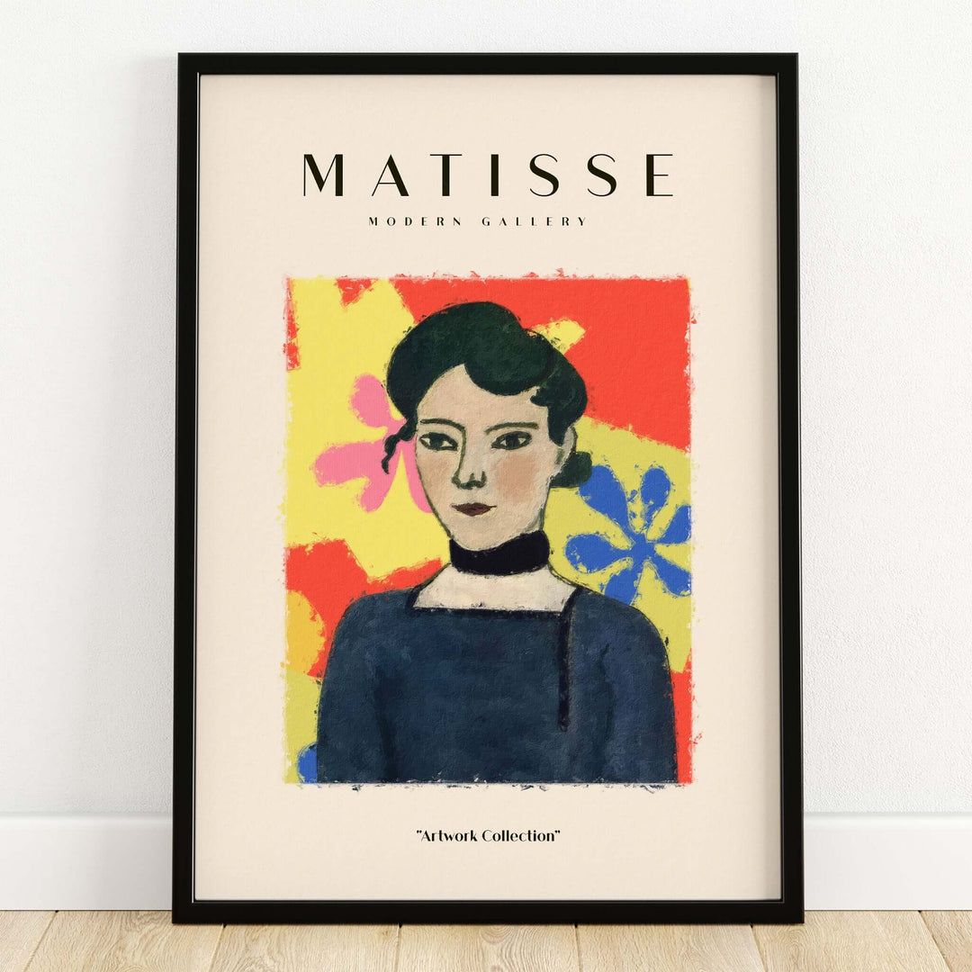 Matisse Art Prints - Woman Portrait Abstract Floral Poster showcasing a modern portrait with vibrant colors and abstract floral background.
