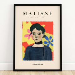 Matisse Art Prints - Woman Portrait Abstract Floral Poster showcasing a modern portrait with vibrant colors and abstract floral background.