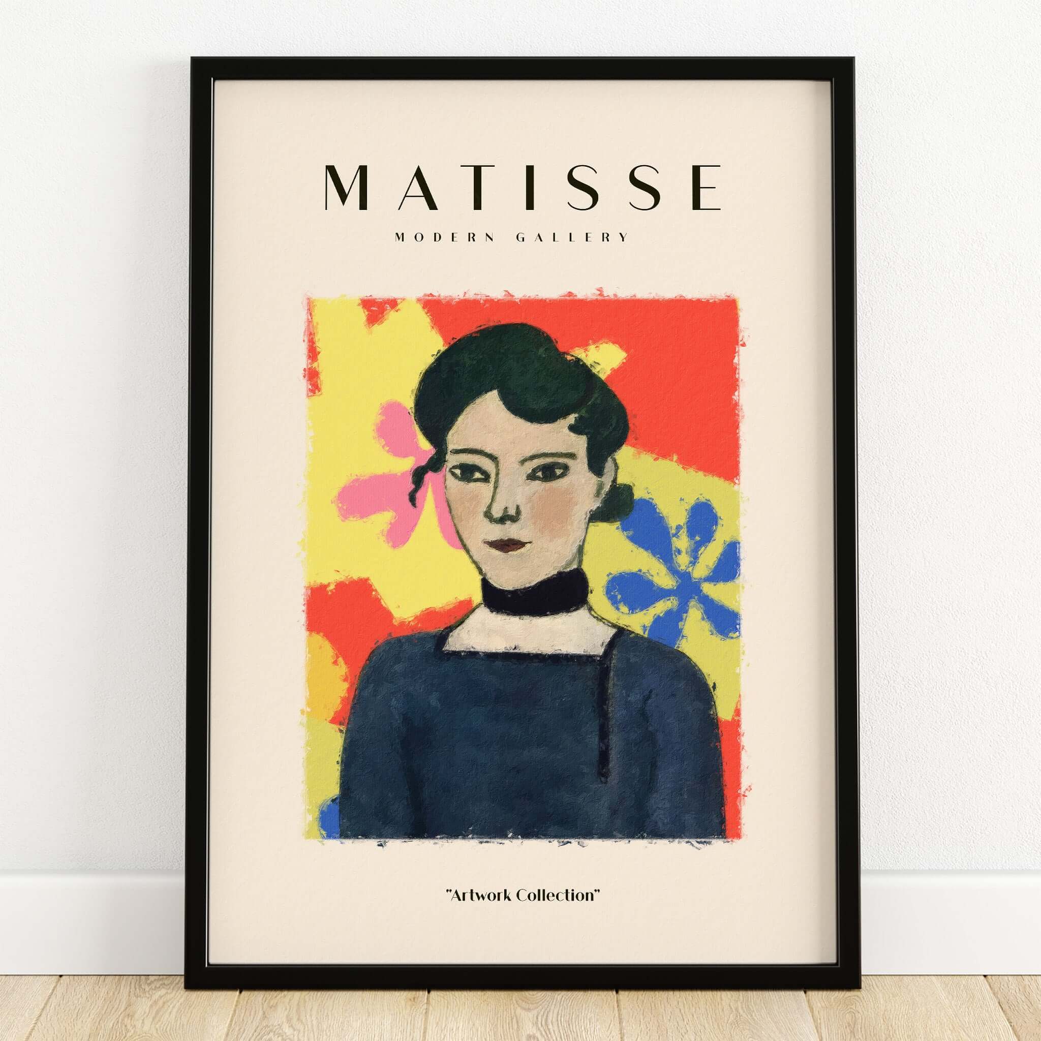 Matisse Art Prints - Woman Portrait Abstract Floral Poster showcasing a modern portrait with vibrant colors and abstract floral background.