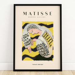 Matisse Art Prints - Resting Woman Patterned Blouse Yellow artwork featuring a figure in a blouse against a bright yellow background.