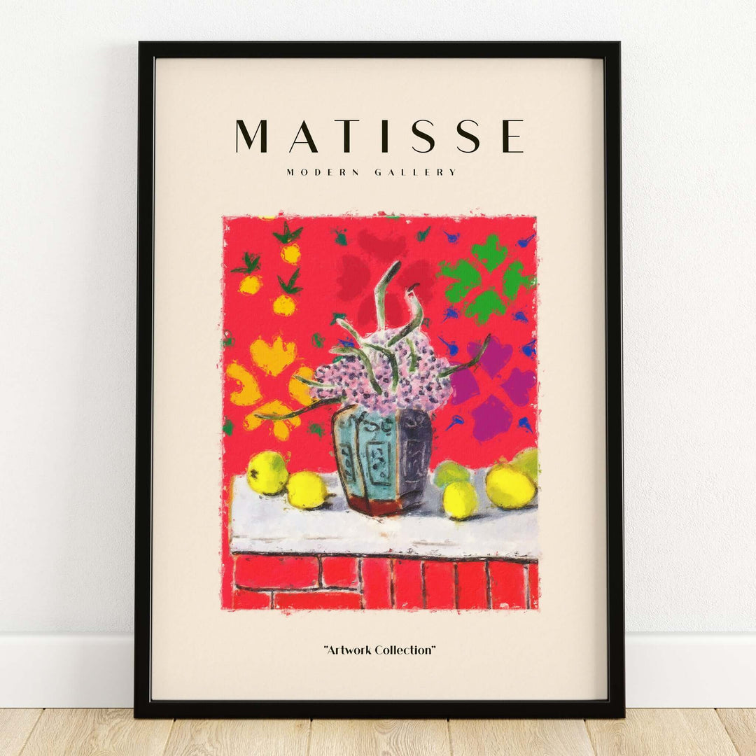Matisse Art Prints - Still Life Flowers Lemons Red Pattern Poster featuring vibrant colors and abstract floral motifs.