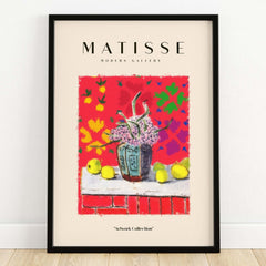 Matisse Art Prints - Still Life Flowers Lemons Red Pattern Poster featuring vibrant colors and abstract floral motifs.