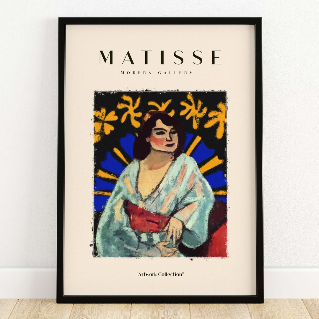 Matisse Art Prints -  Woman Robe Abstract Stained Glass Effect Poster, framed portrait of a woman in a blue robe.