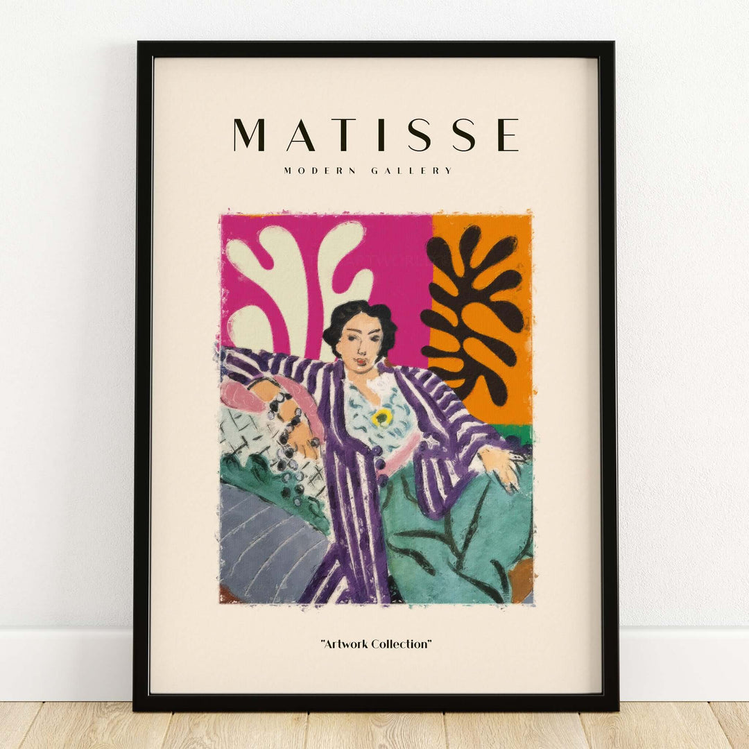Matisse Art Prints - Reclining Woman Striped Robe Abstract Print displayed in a modern frame with bold colors and patterns.
