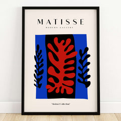 Matisse Art Prints -  Red Coral Black Leaves Blue Frame Poster showcasing abstract design with vibrant colors.