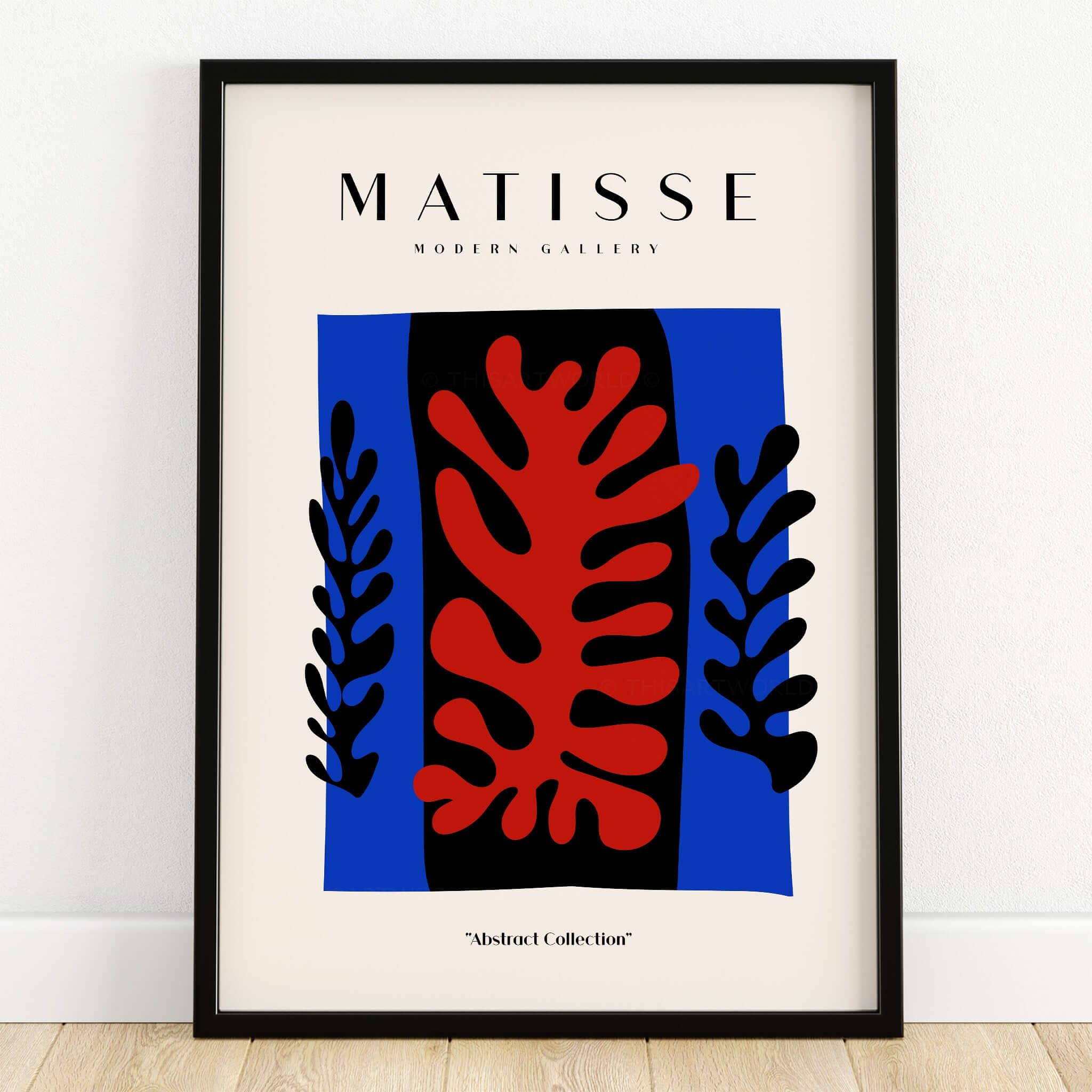 Matisse Art Prints -  Red Coral Black Leaves Blue Frame Poster showcasing abstract design with vibrant colors.