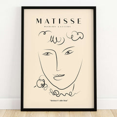 Matisse Art Prints -  Line Art Face Curly Hair Minimalist Poster featuring a black line drawing of a face with curly hair.