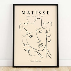 Matisse Art Prints -  Line Art Ladies Face with Wavy Hair Minimalist Poster featuring an abstract line drawing on soft beige.