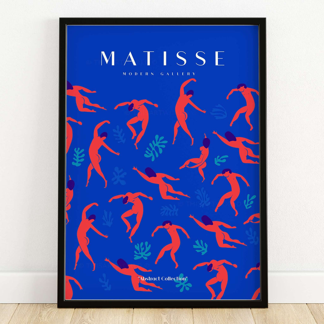 Matisse Art Prints -  Dancing Figures Pattern Red Blue Poster featuring vibrant cut-out style figures on blue background.