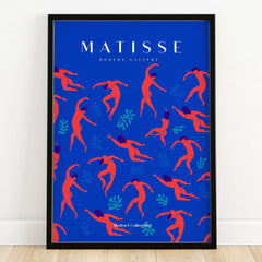 Matisse Art Prints -  Dancing Figures Pattern Red Blue Poster featuring vibrant cut-out style figures on blue background.