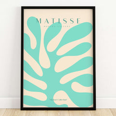 Matisse Art Prints - Mint Green Coral Abstract Seaweed Poster framed wall art featuring bold mint green shapes on beige background.