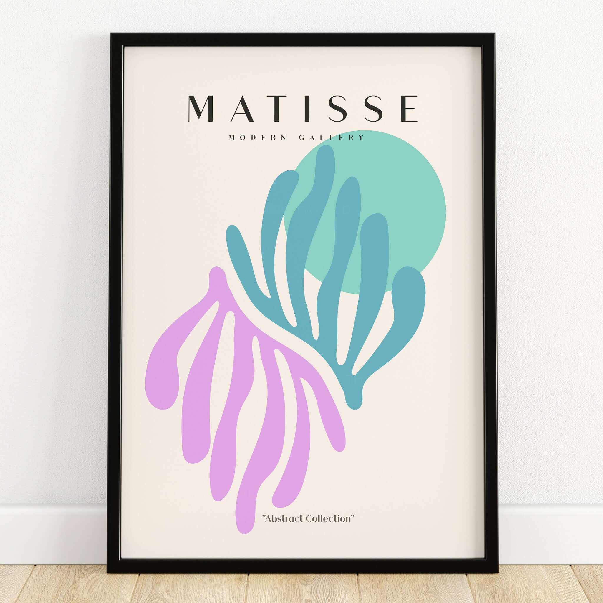 Matisse Art Prints -Teal Pink Abstract Leaves Sun Poster framed print featuring abstract leaf shapes in teal and pink.