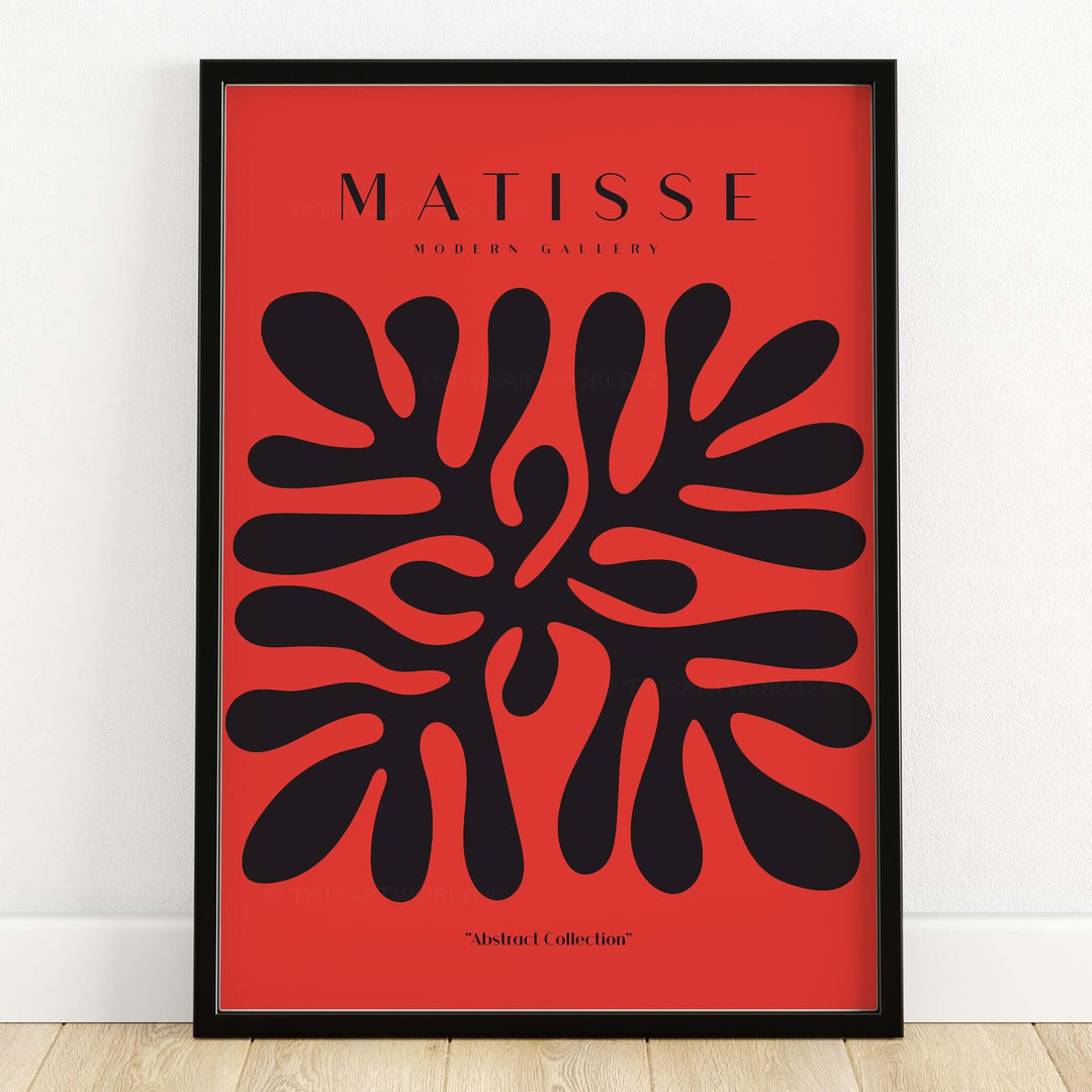 Matisse Art Prints -  Black Abstract Coral Shape Red Poster displayed in a modern frame with striking design.