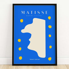 Matisse Art Prints -  Blue Abstract Profile with Yellow Dots Poster framed in black with blue background and yellow dots.