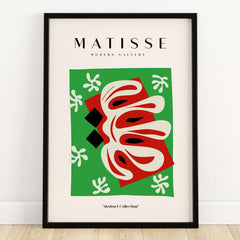 Matisse Art Prints - Abstract Shape Red Green Poster featuring bold colors and shapes in a modern gallery setting.
