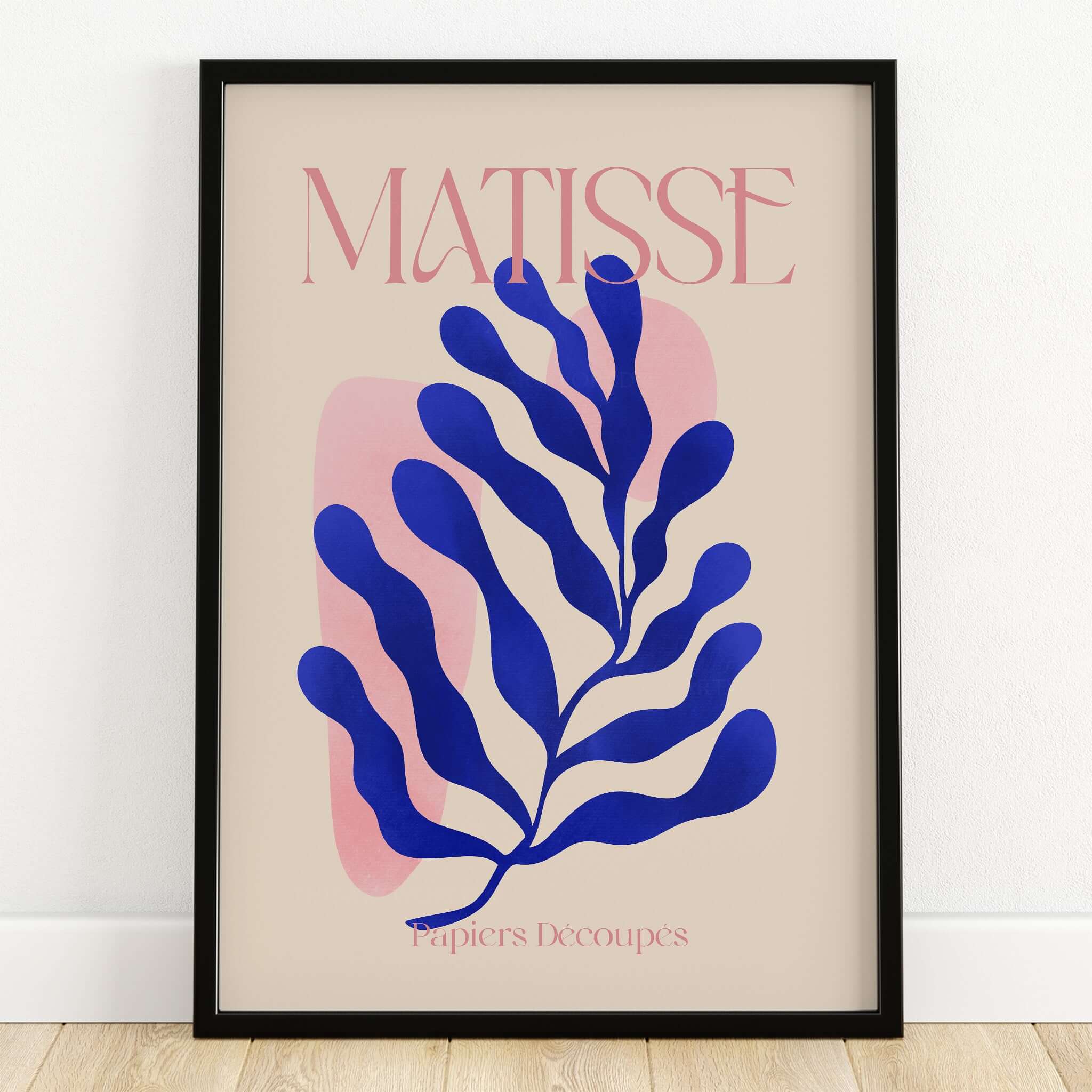 Matisse Blue Leaf Abstract Papiers Découpés Wall Art Print featuring blue leaf design with pink abstract shapes.