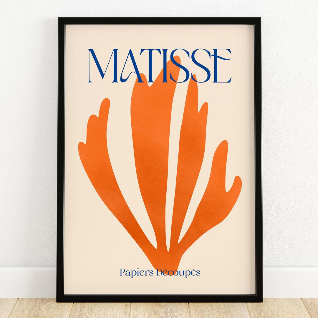 Matisse Papiers Découpés Orange Abstract Botanical Cut Out Art Print featuring bold orange shapes and blue typography.