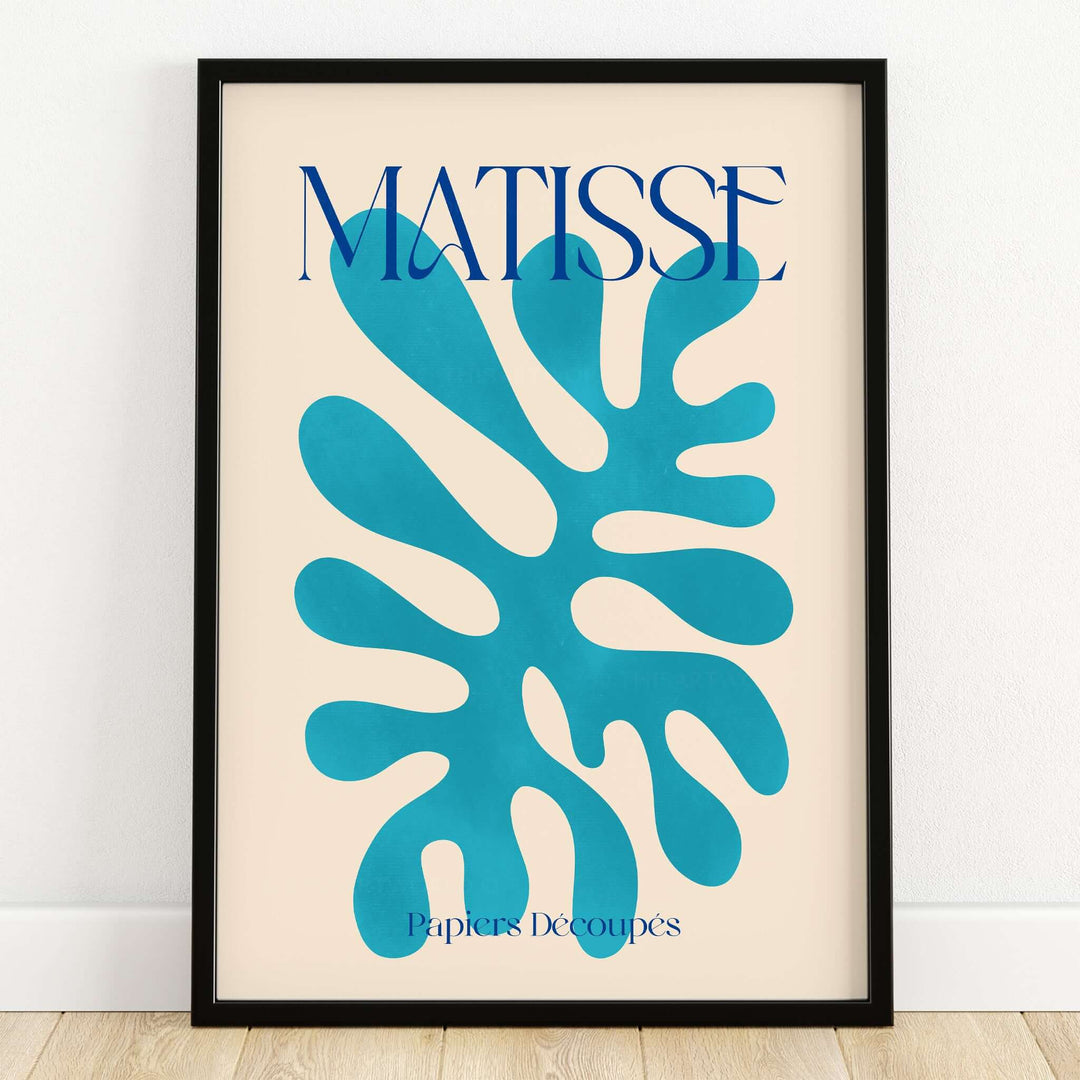 Matisse Cyan Blue Abstract Shape Papiers Découpés Poster showcasing a vibrant cyan blue design on a neutral background.