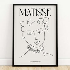 Matisse Art Print La Pompadour 1951 Minimalist Line Drawing Poster framed wall art with expressive black line drawing.