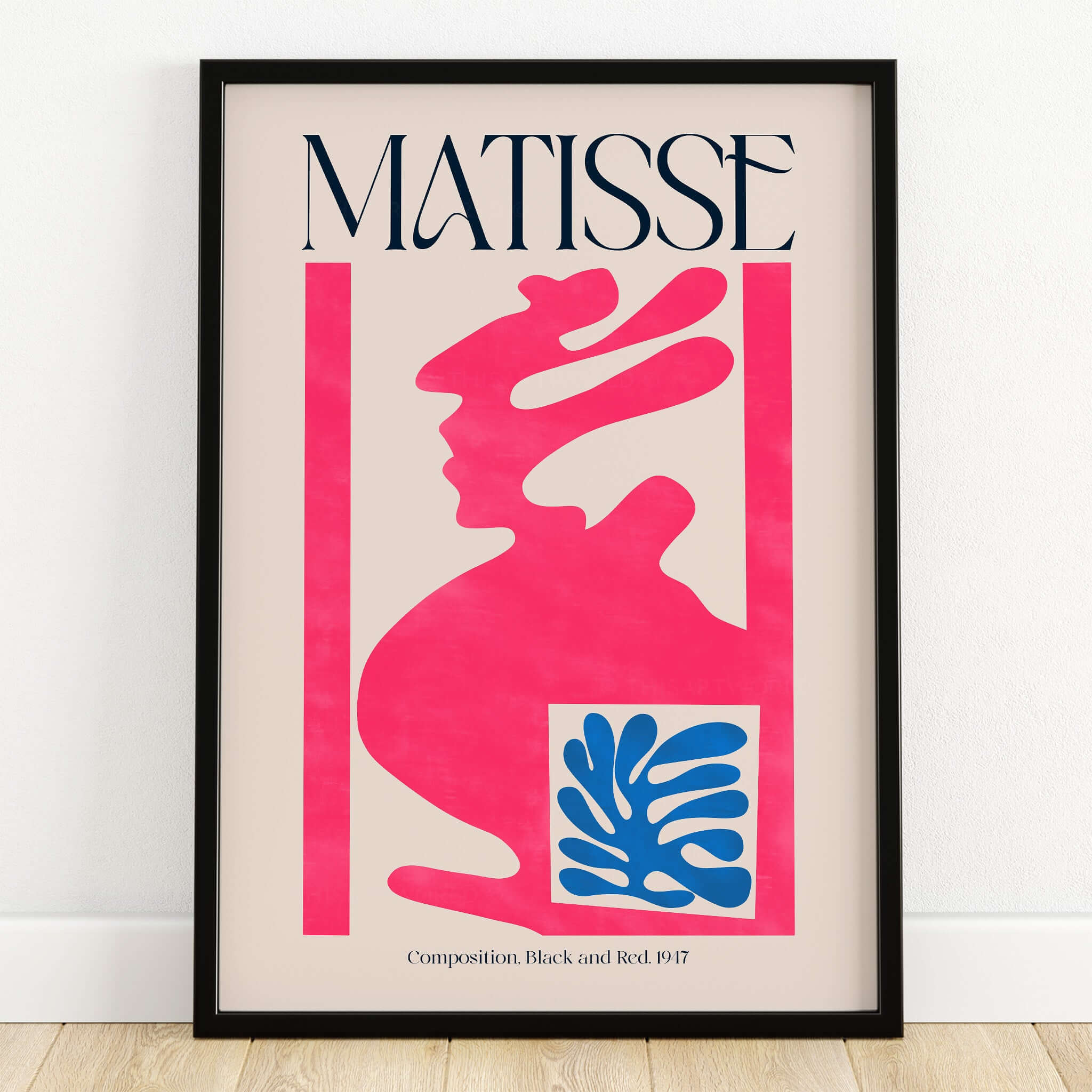 Matisse Art Print Composition Pink Blue Abstract Cut Out Print 1947 framed poster featuring vibrant pink and blue shapes.