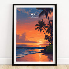 Maui Hawaii Wall Art Print | Tropical Beach Sunset Travel Poster featuring a vibrant sunset over serene beaches with palm trees.